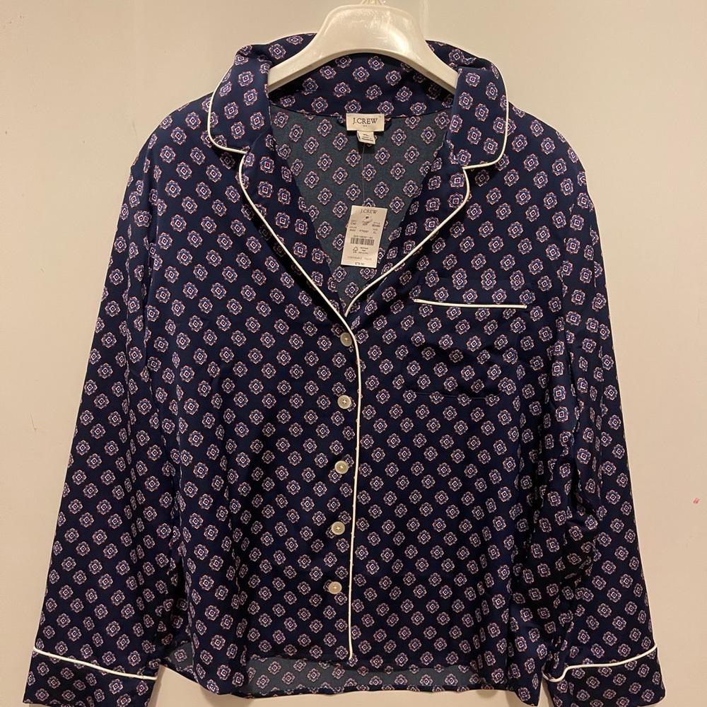 J. Crew NWT BLOUSE- Geometric Navy and Red Pajama Style Top Blouse - Picture 2 of 5